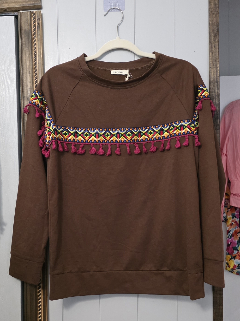 Anthropologie Brown Long-Sleeve Sweatshirt with Magenta Tassel Trim